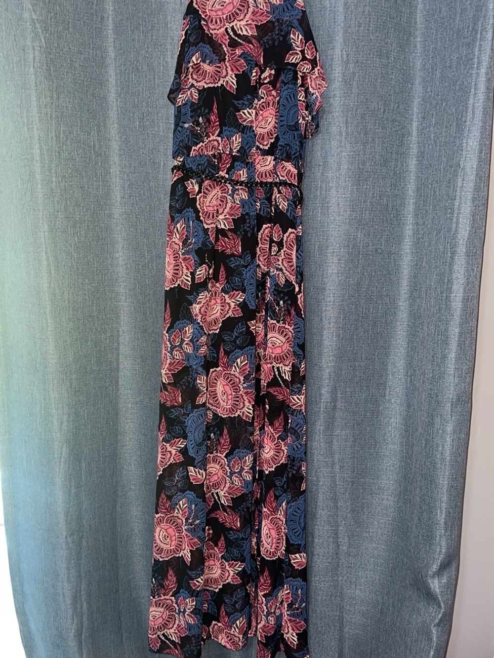 Floral Maxi Dress in Black with Pink & Blue Flowers